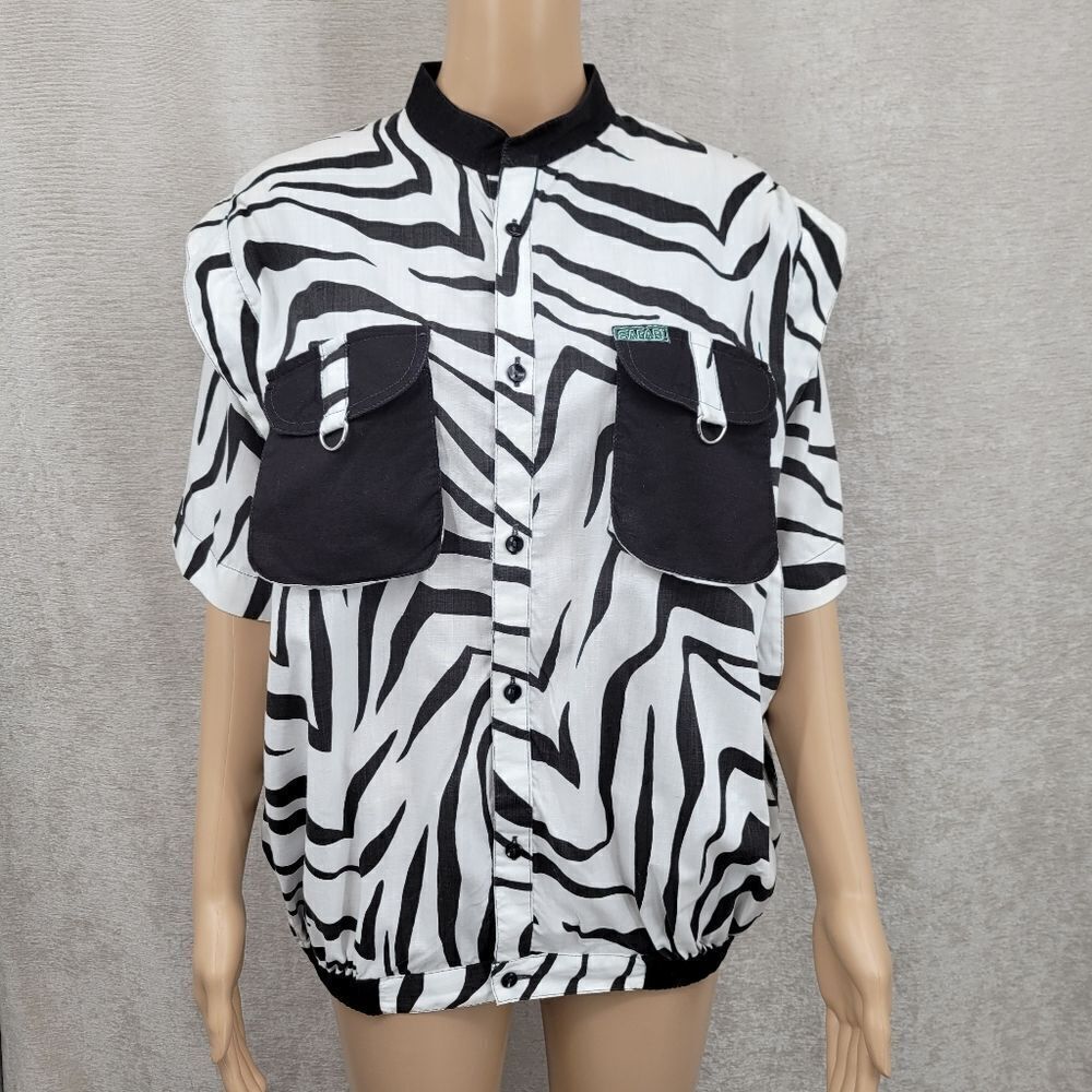 Image Vintage Zebra Print Cotton Safari Shirt Women's Large Utility Button Down
